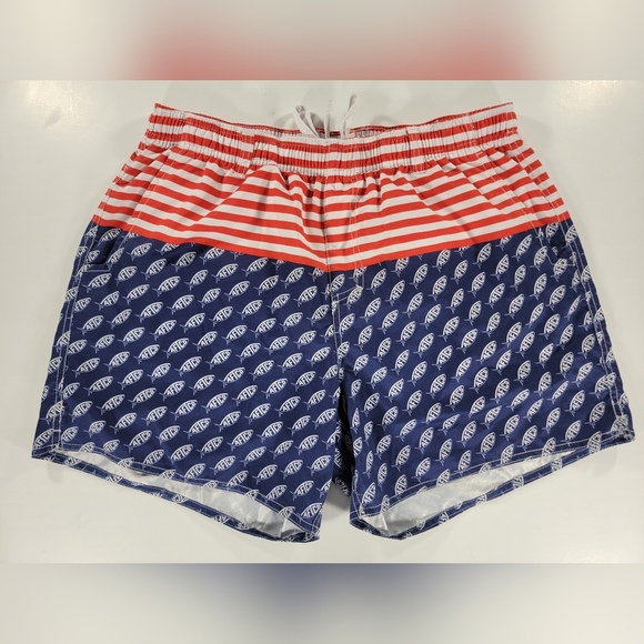 AFTCO Swim Trunks Mens Large Blue Red White USA Flag Print Bathing Suit Shorts - Picture 1 of 13